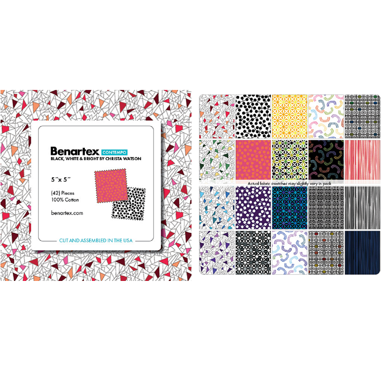 Charm Pack 5x5 Squares - Benartex Black, White & Bright - 40 5" Squares 