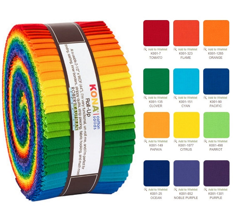 Robert Kaufman Kona Cotton Bright Rainbow Palette Roll-up - 40 Strip Roll 