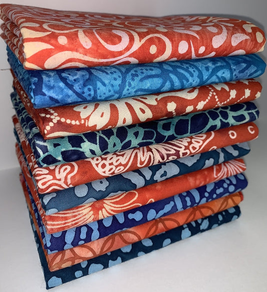 Red & Blue Batik Half-yard Bundle - 10 Fabrics, 5 Total Yards