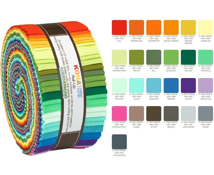 Robert Kaufman Kona Cotton 2019 New Colors Palette Roll-up - 40 Strip Roll