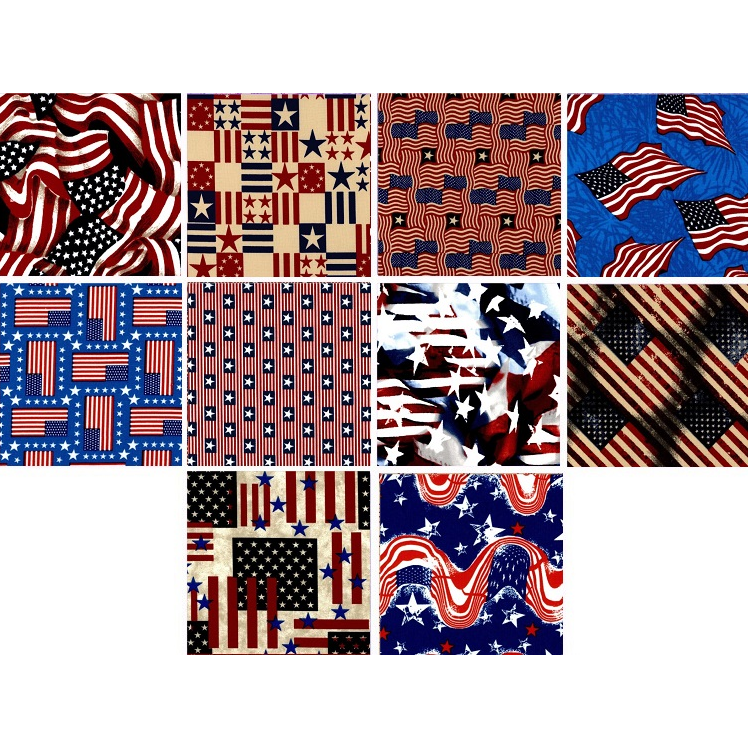 Charm Pack 5x5 Squares - Patriotic Flags - 40 5" Squares