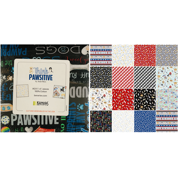 Charm Pack 5x5 Squares - Benartex Think Pawsitive - 40 5" Squares 